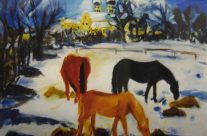 19. Pferde im Schnee/Benediktbeuern (1995), 50×64, Acryl