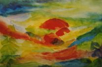 57. Sonnenaufgang im Gebirge – Serfaus (2003), 30×40, Aquarell