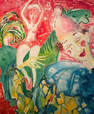 131. Clown und Akrobatin (1970er), 100×80, Öl auf Papier
