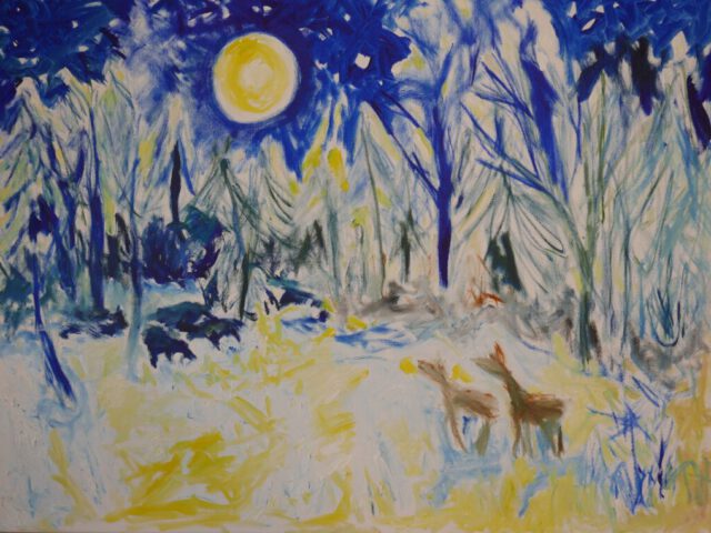 162. Vollmond über Winterwald (2024), 60×80, Öl auf Leinwand