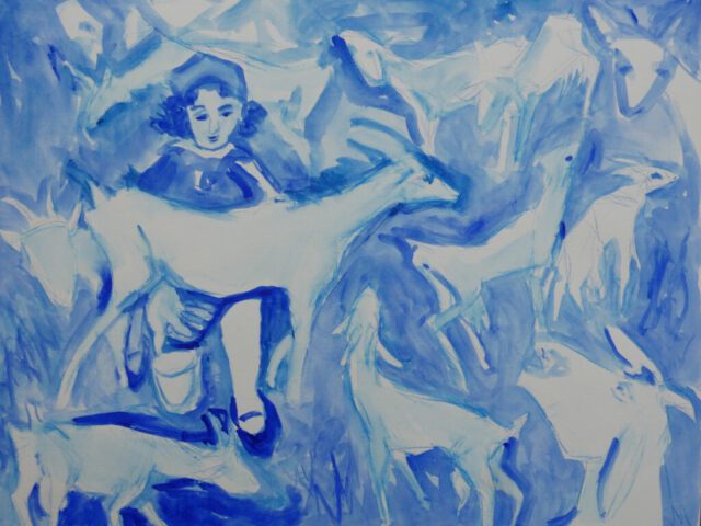 181. Mädchen mit Ziegen (2025), 50×64, Aquarell