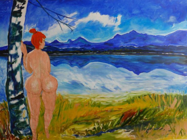 188. Staffelsee mit aufgehefteter Badenden (2025), 160×120, Öl/Seidenpapier auf Leinwand