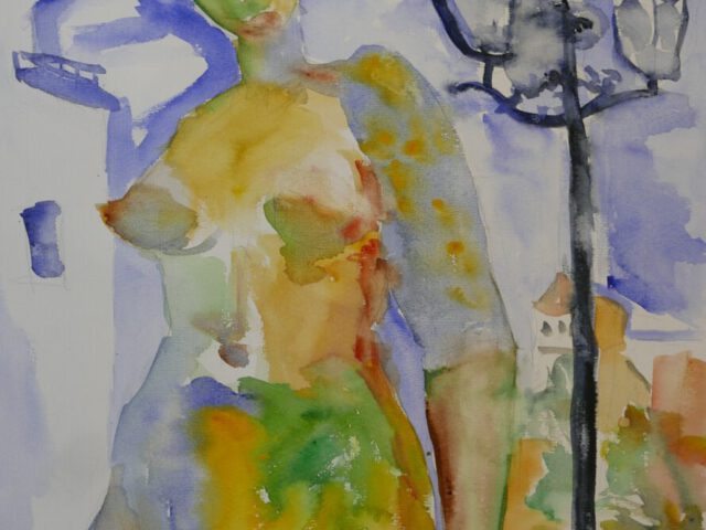 195. Dona mediterrania / Sitges (2026), 50×58, Aquarell auf Papier